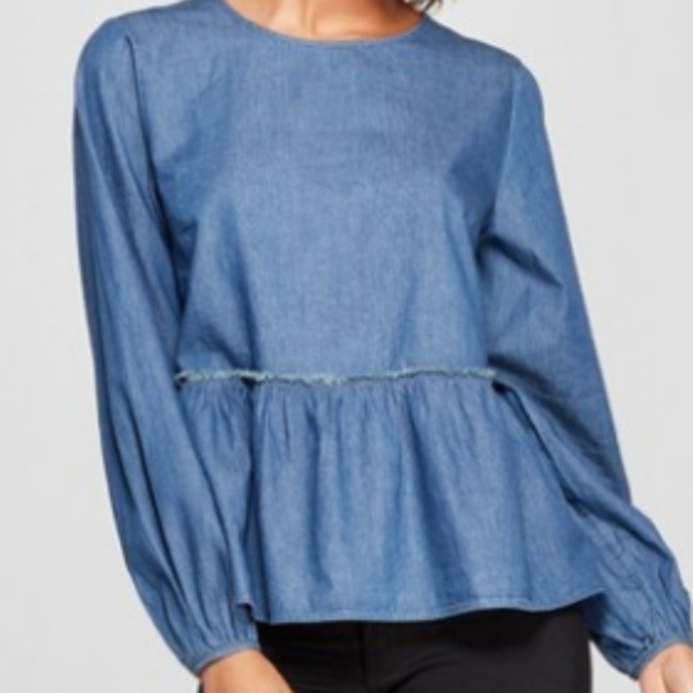 Women's Long Sleeve Chambray Peplum Blouse